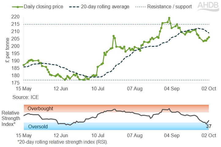 Line graph of UK feed futures Nov-26 contract prices over the past six months.